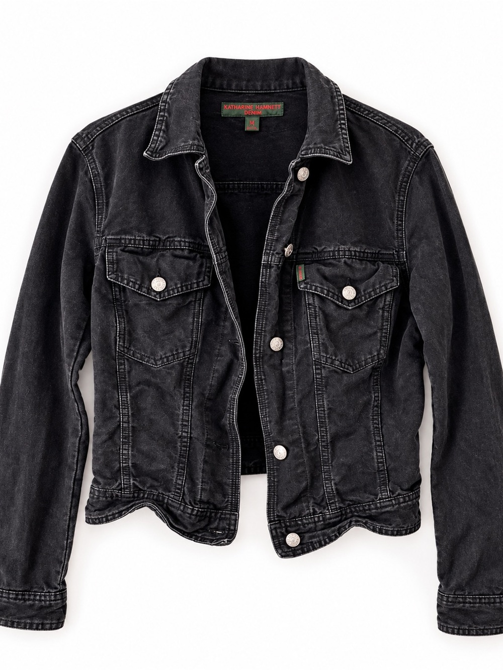 Vintage Katharine Hamnett Denim Jacket M Made Italy Black Cropped 90s